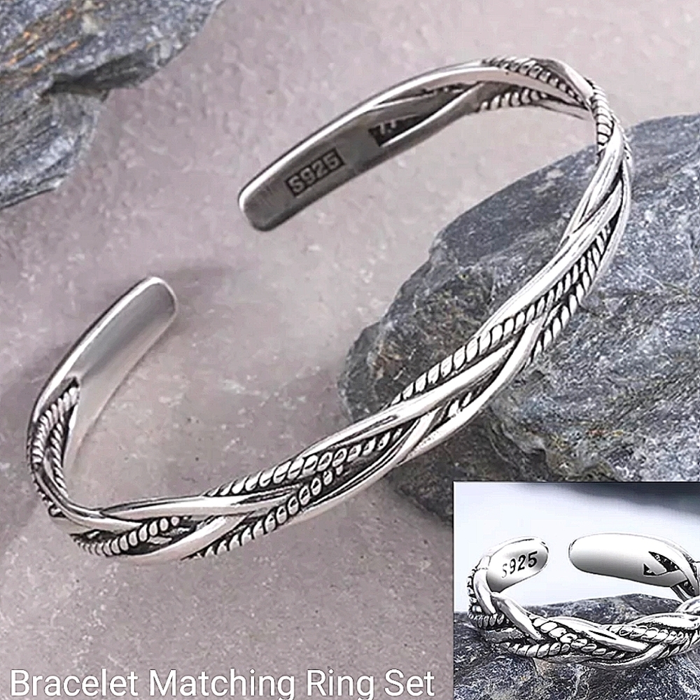 Twisted Sterling Silver Bangle Cuff Bracelet Matching Ring Set